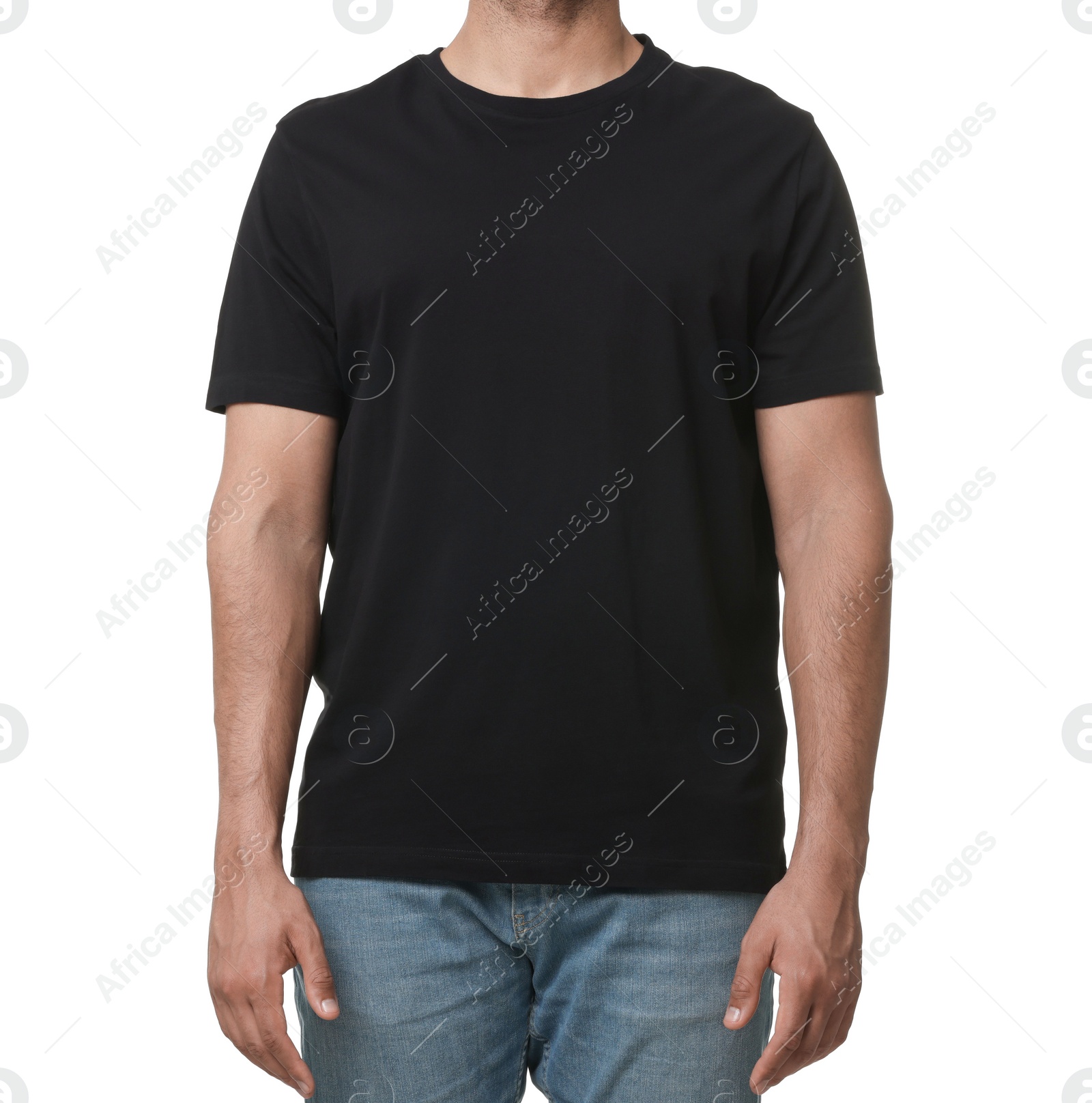 Photo of Man wearing black t-shirt on white background, closeup