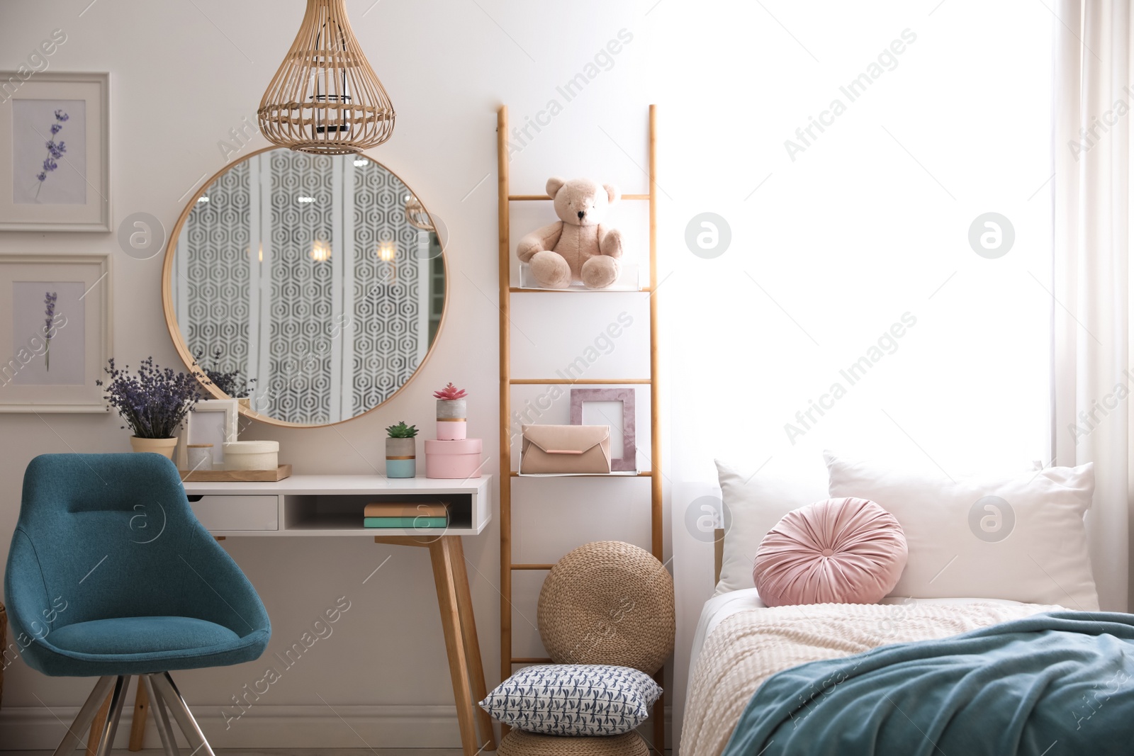 Photo of Teenage girl's bedroom interior with stylish furniture. Idea for design