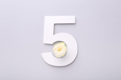 Photo of Paper number 5 and beautiful flower on light grey background, top view