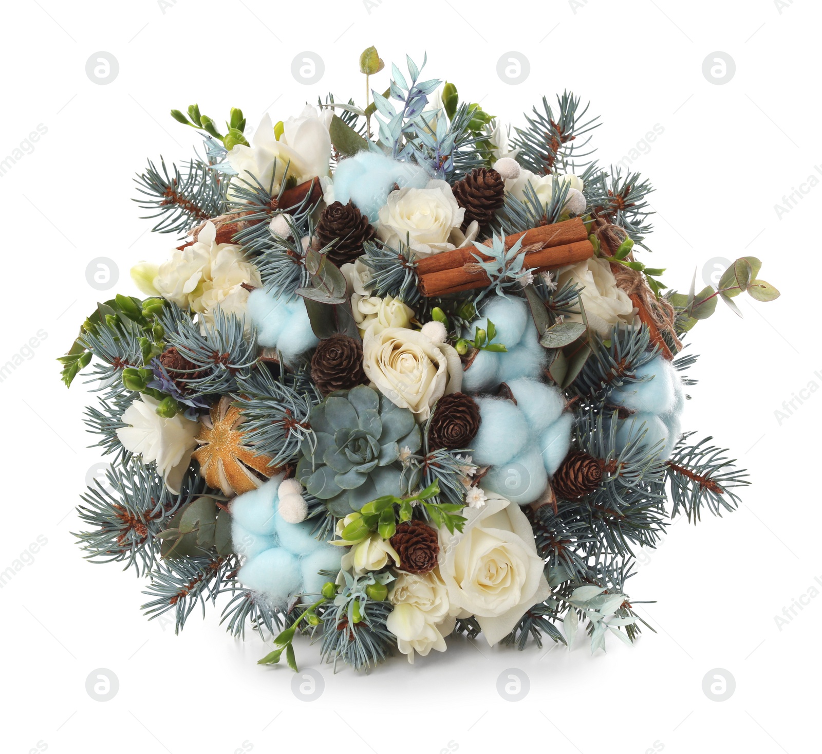 Photo of Beautiful wedding winter bouquet on white background