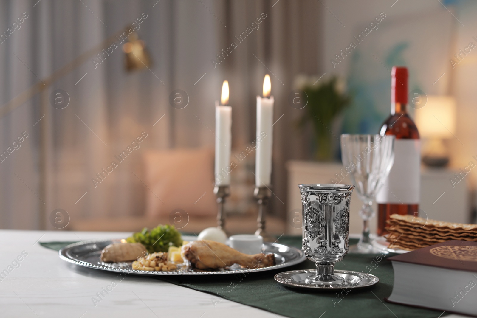 Photo of Table served for Passover (Pesach) Seder indoors, space for text