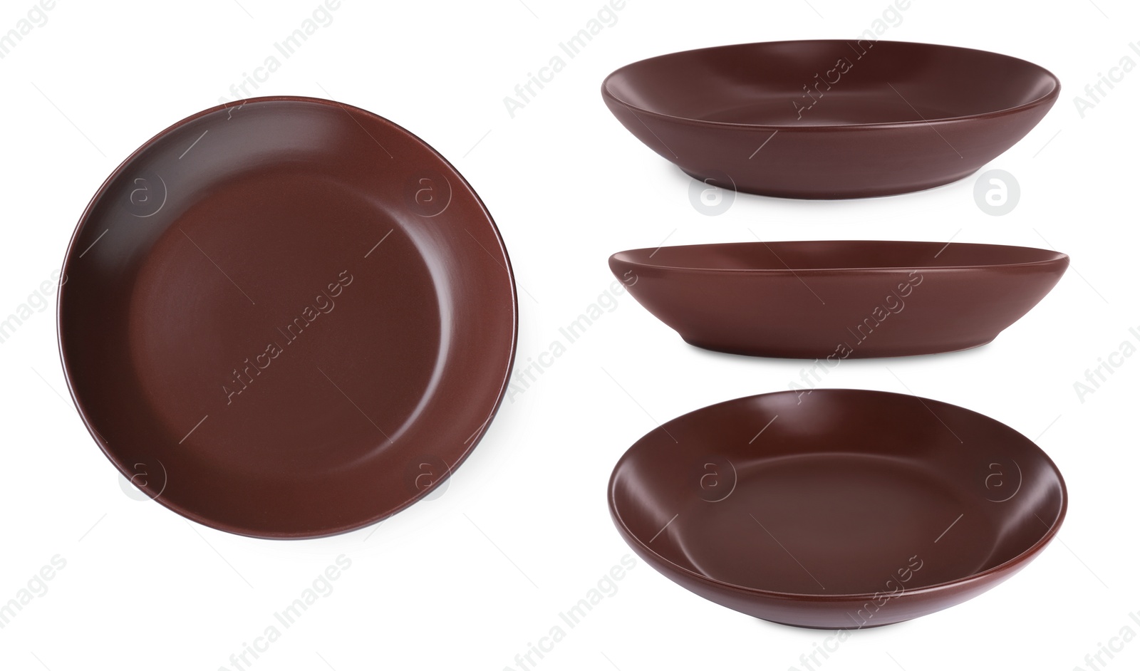 Image of Collage of brown ceramic plate on white background, views from different sides