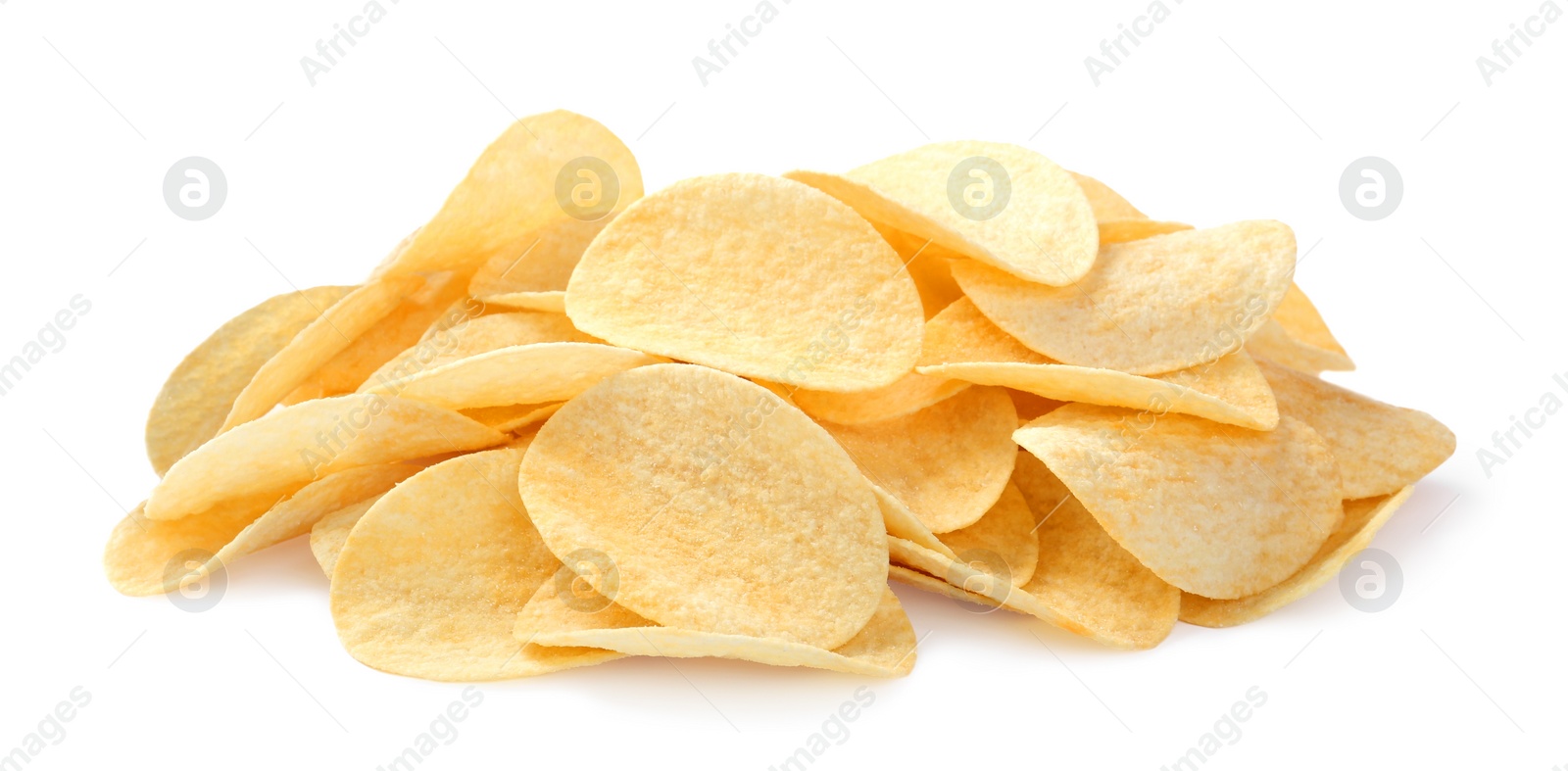 Photo of Heap of delicious potato chips on white background