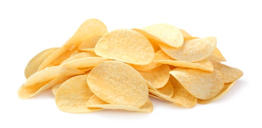 Photo of Heap of delicious potato chips on white background