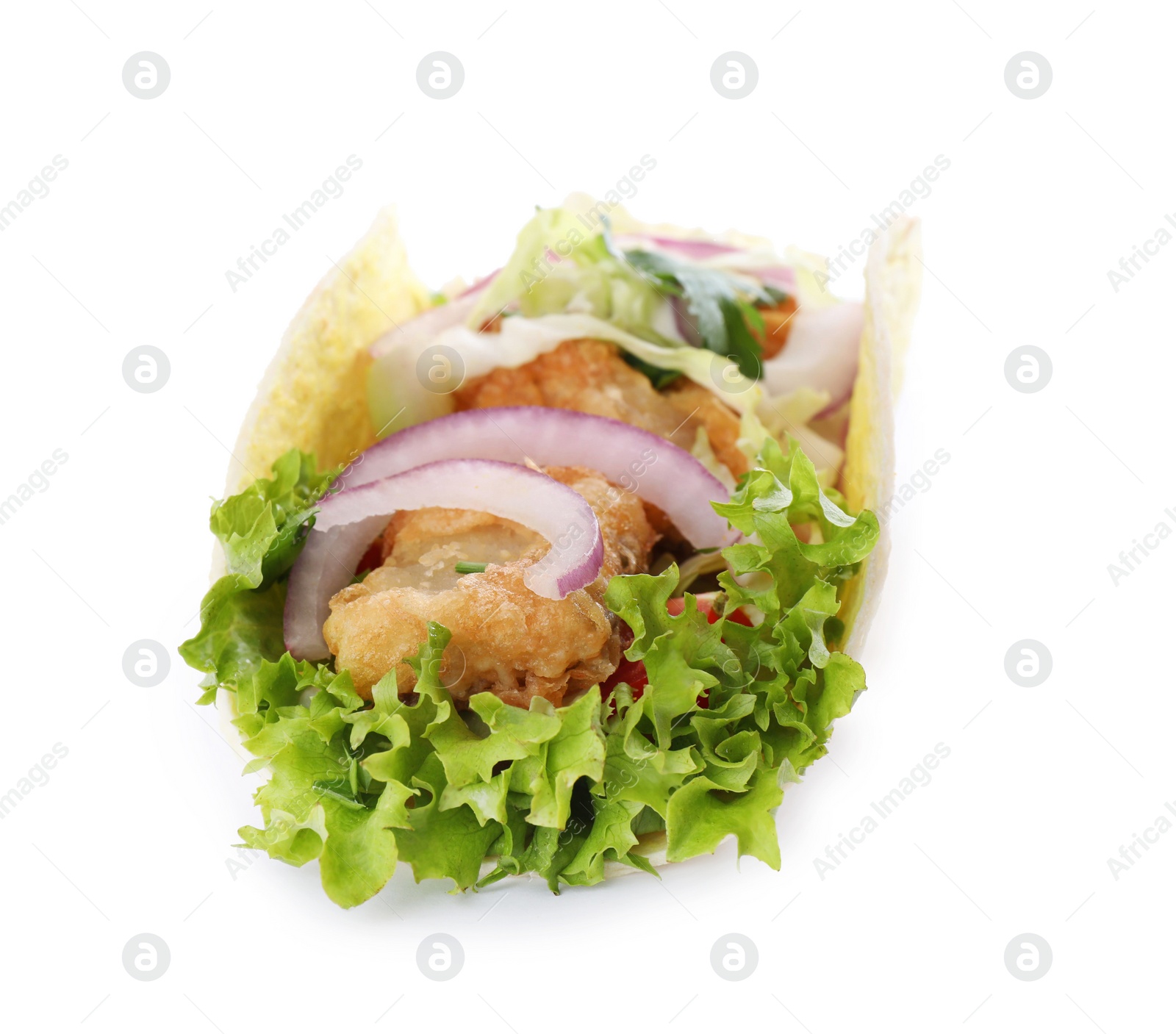 Photo of Yummy fish taco with onion isolated on white