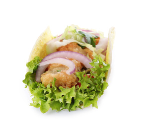 Photo of Yummy fish taco with onion isolated on white