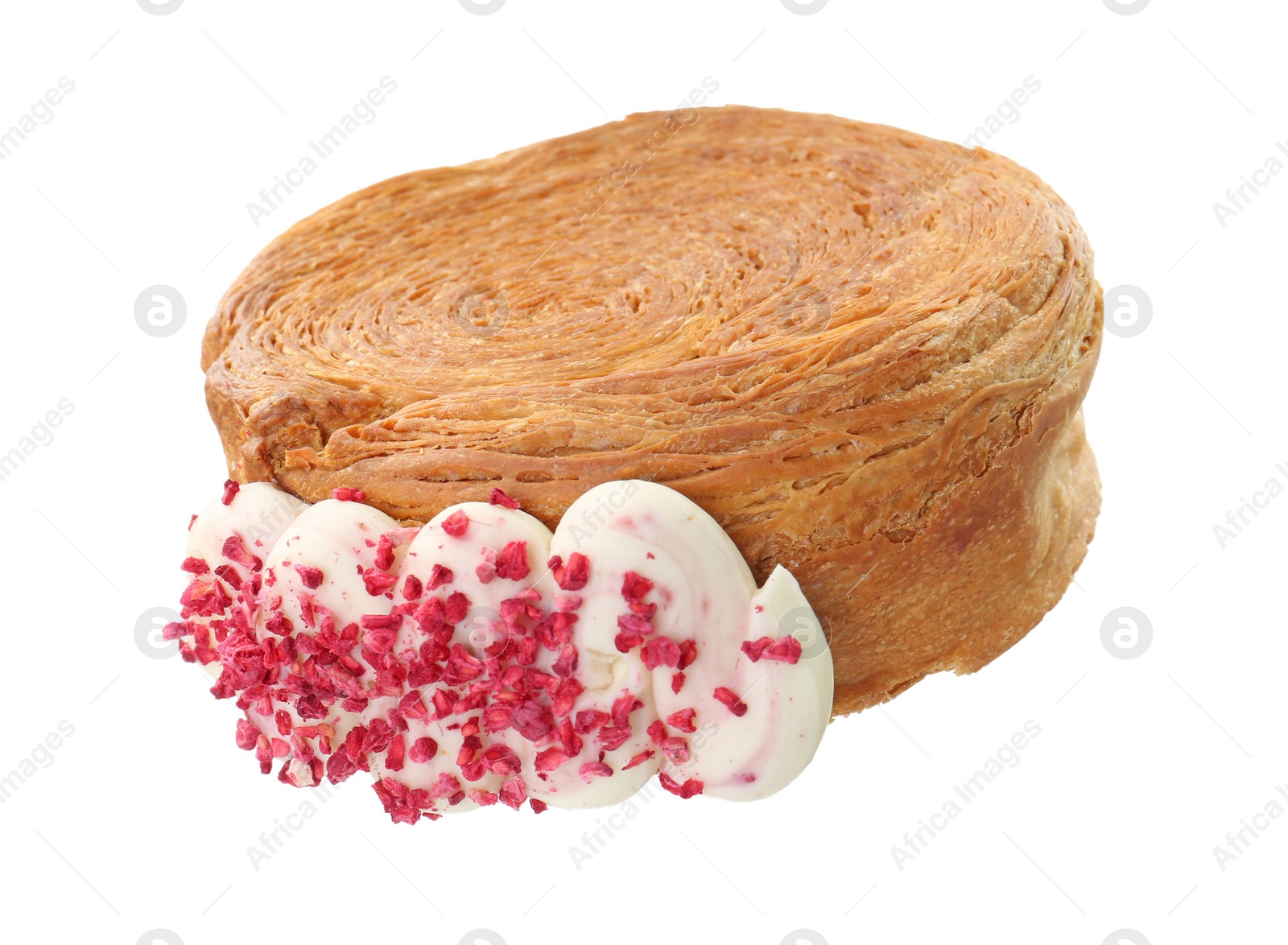 Photo of One supreme croissant with cream on white background. Tasty puff pastry