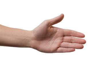 Photo of Woman offering handshake isolated on white, closeup