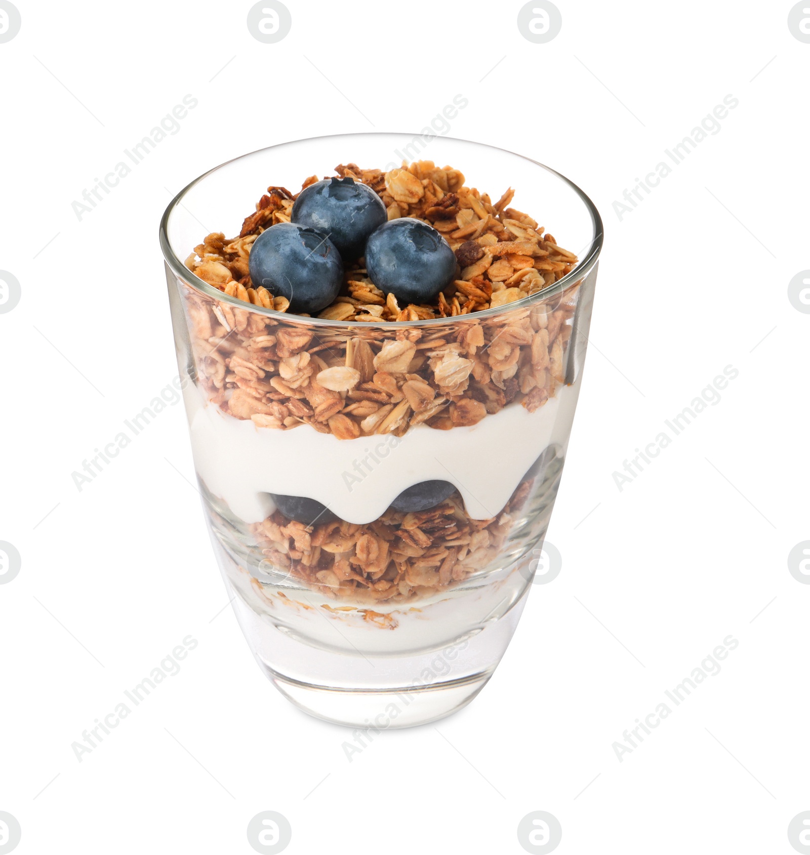 Photo of Glass of tasty yogurt with muesli and blueberries isolated on white
