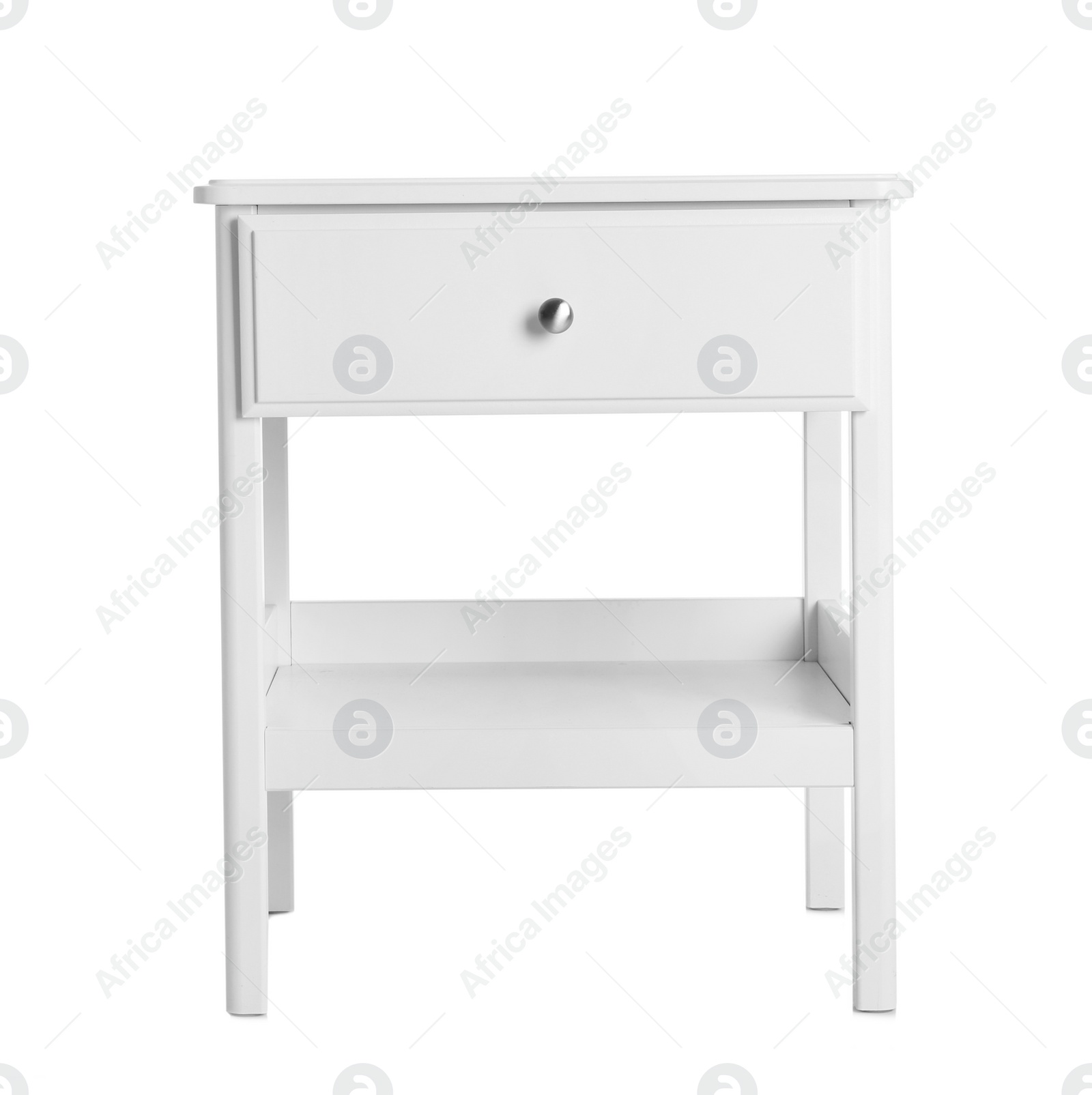 Photo of Elegant small cabinet on white background. Furniture for wardrobe room