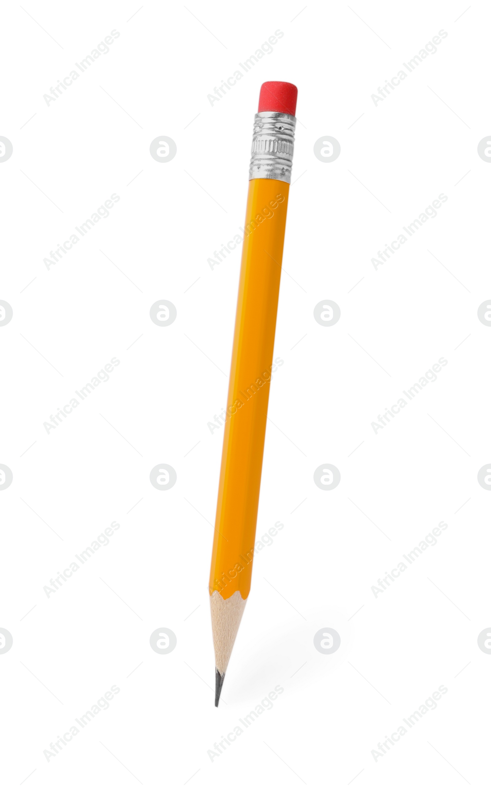 Photo of Short graphite pencil with eraser isolated on white. School stationery