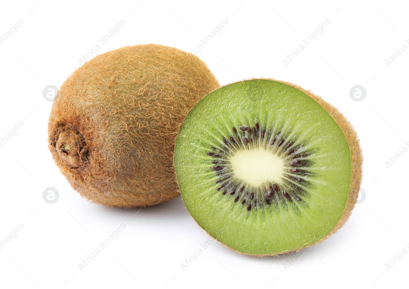 Photo of Cut and whole fresh kiwis on white background