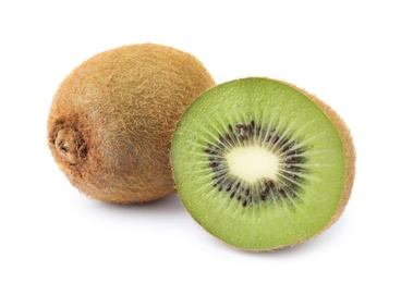 Photo of Cut and whole fresh kiwis on white background