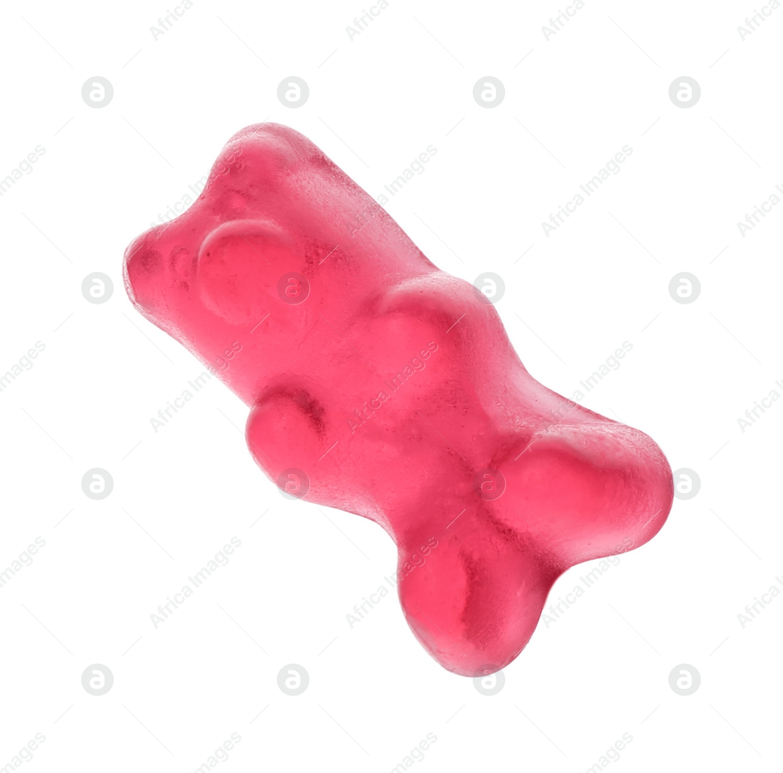 Photo of Delicious pink jelly bear on white background