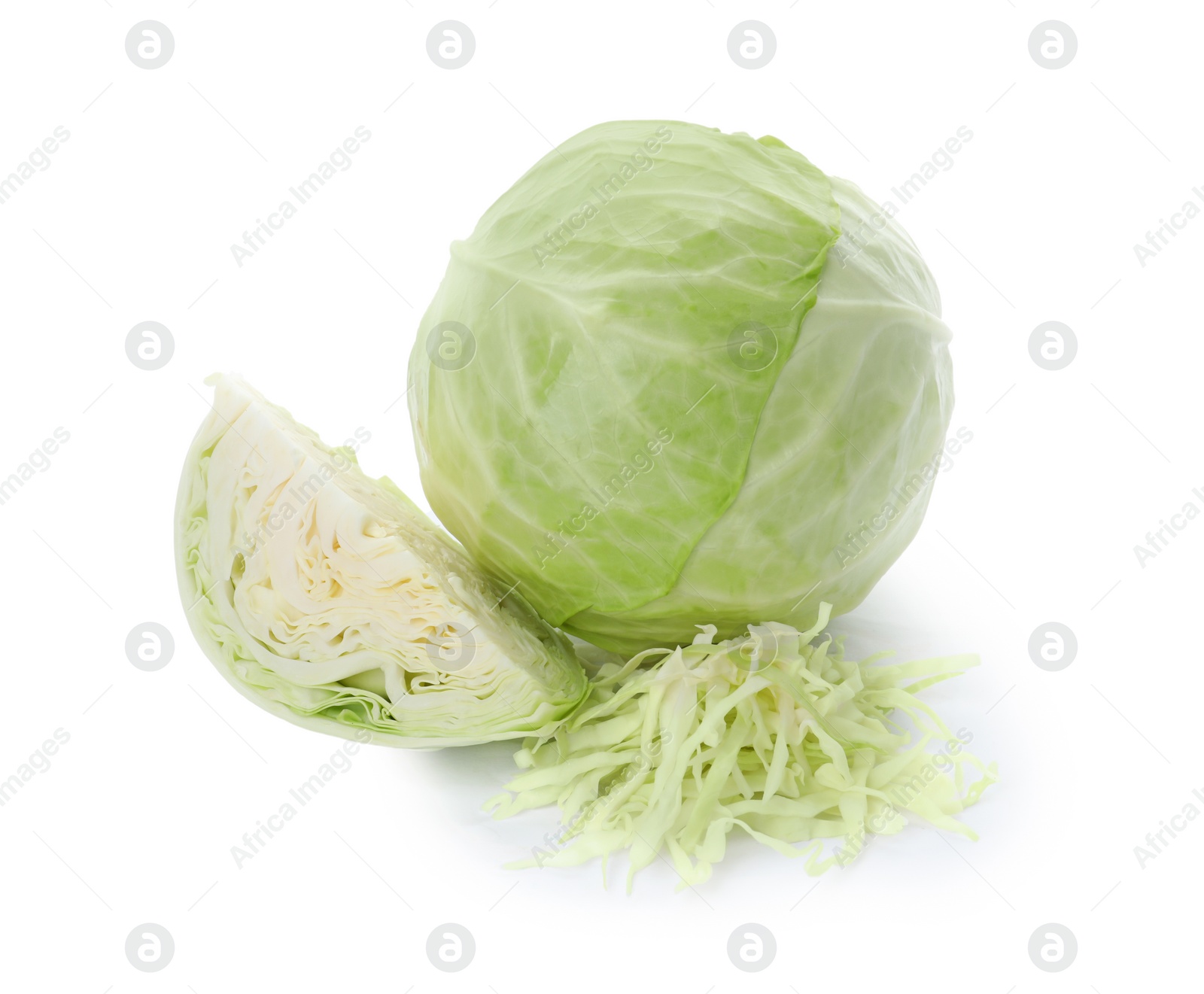 Photo of Whole and cut fresh ripe cabbages on white background