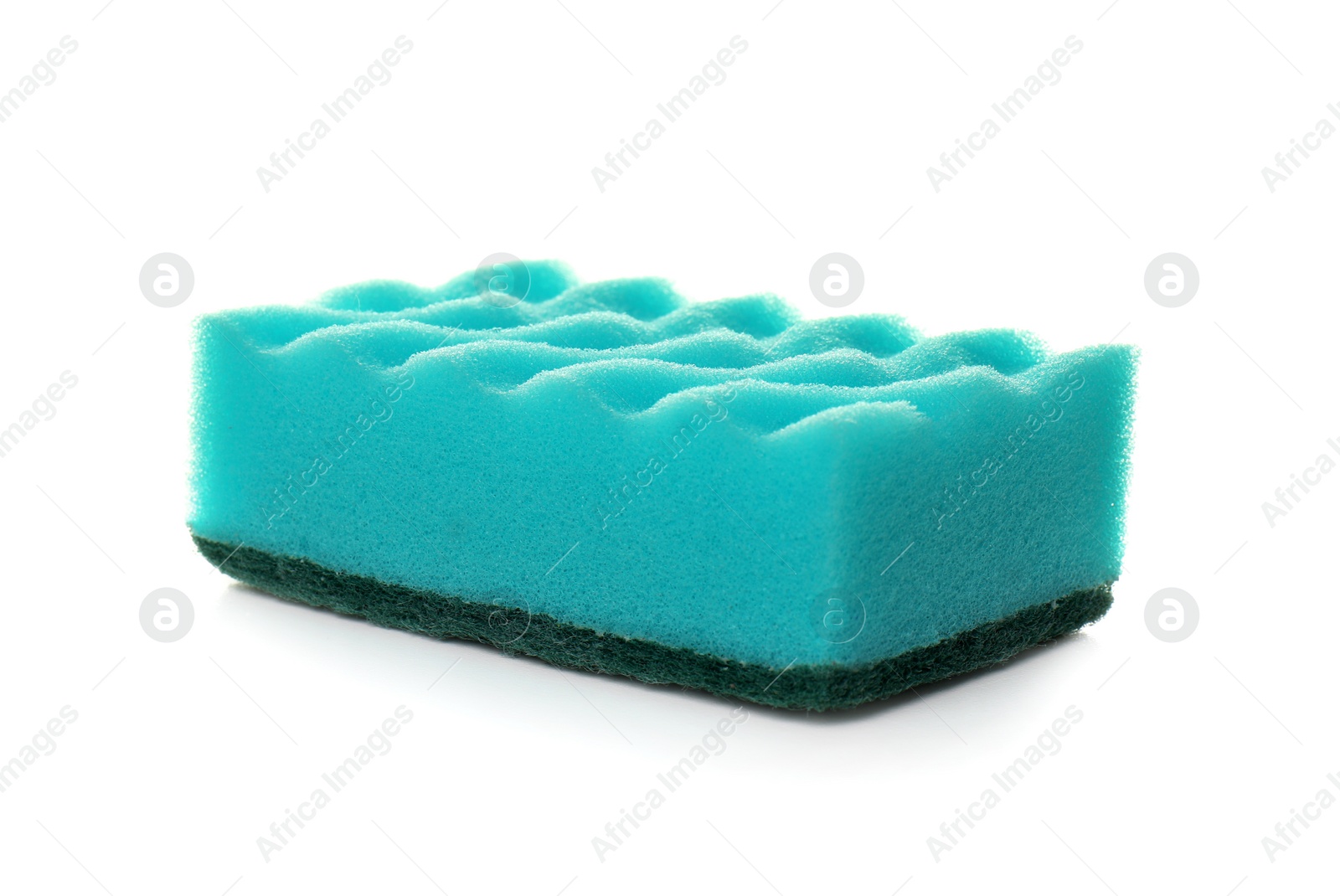 Photo of New sponge on white background. Cleaning supplies