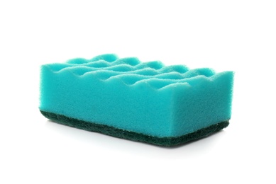 Photo of New sponge on white background. Cleaning supplies