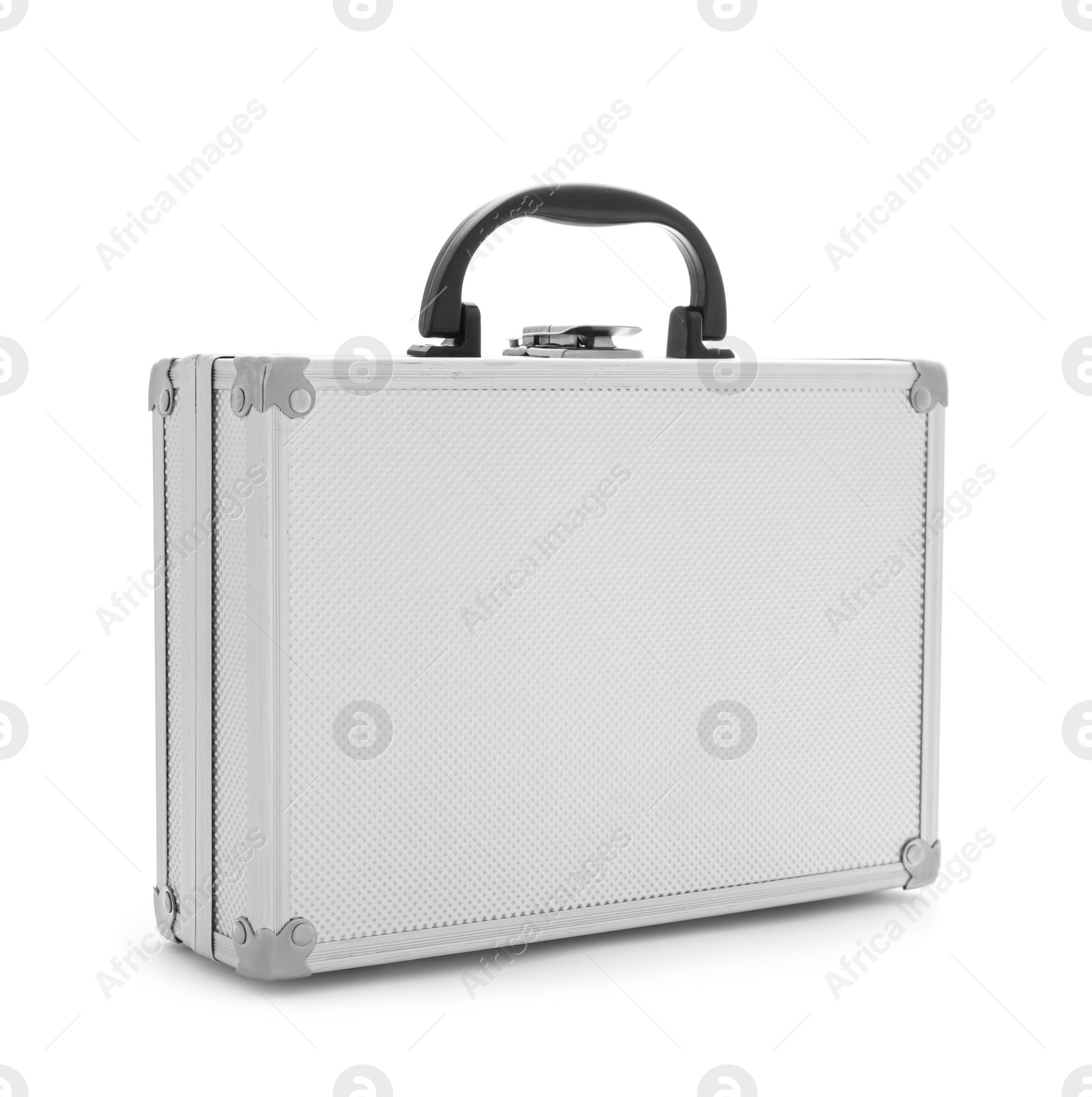 Photo of Stylish aluminum hard case isolated on white