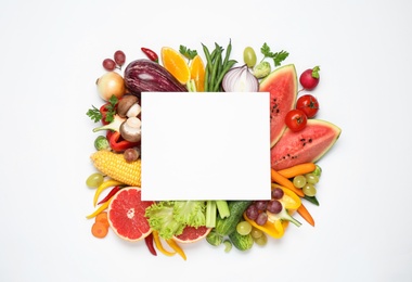 Photo of Fresh organic fruits, vegetables and blank card on white background, flat lay. Space for text