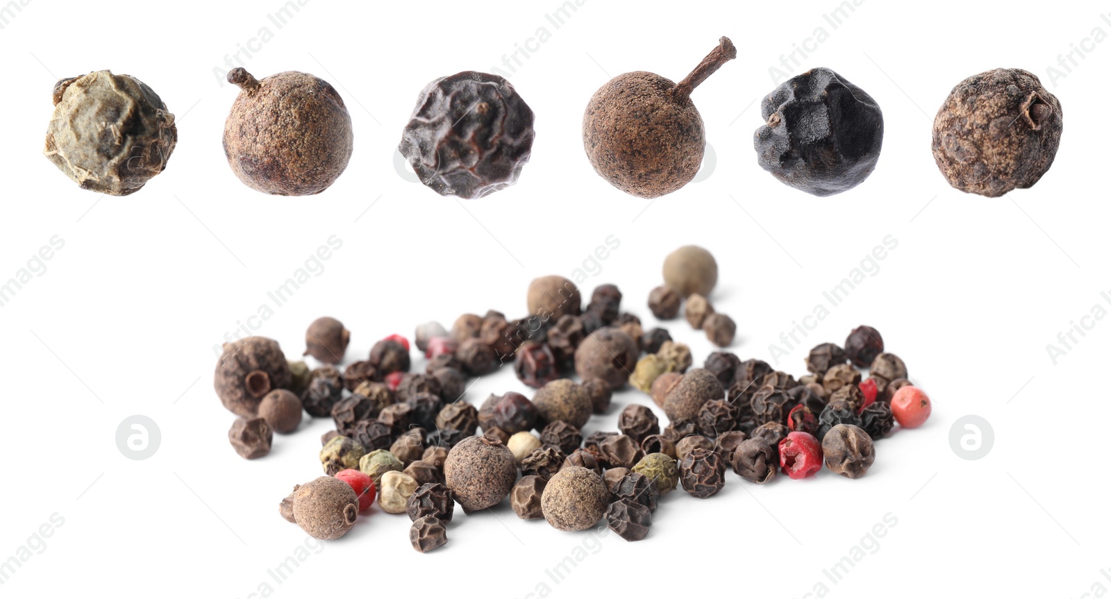 Image of Set of different peppercorns on white background. Banner design