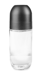 Photo of Blank glass deodorant container on white background