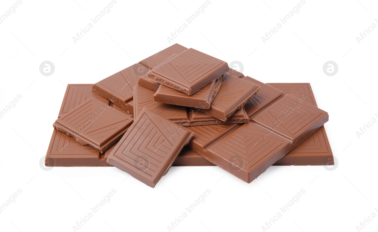 Photo of Pieces of delicious milk chocolate bars isolated on white