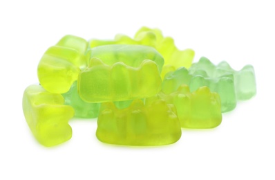 Pile of delicious jelly bears on white background