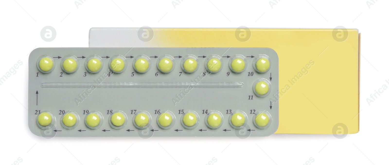 Photo of Birth control pills on white background, top view