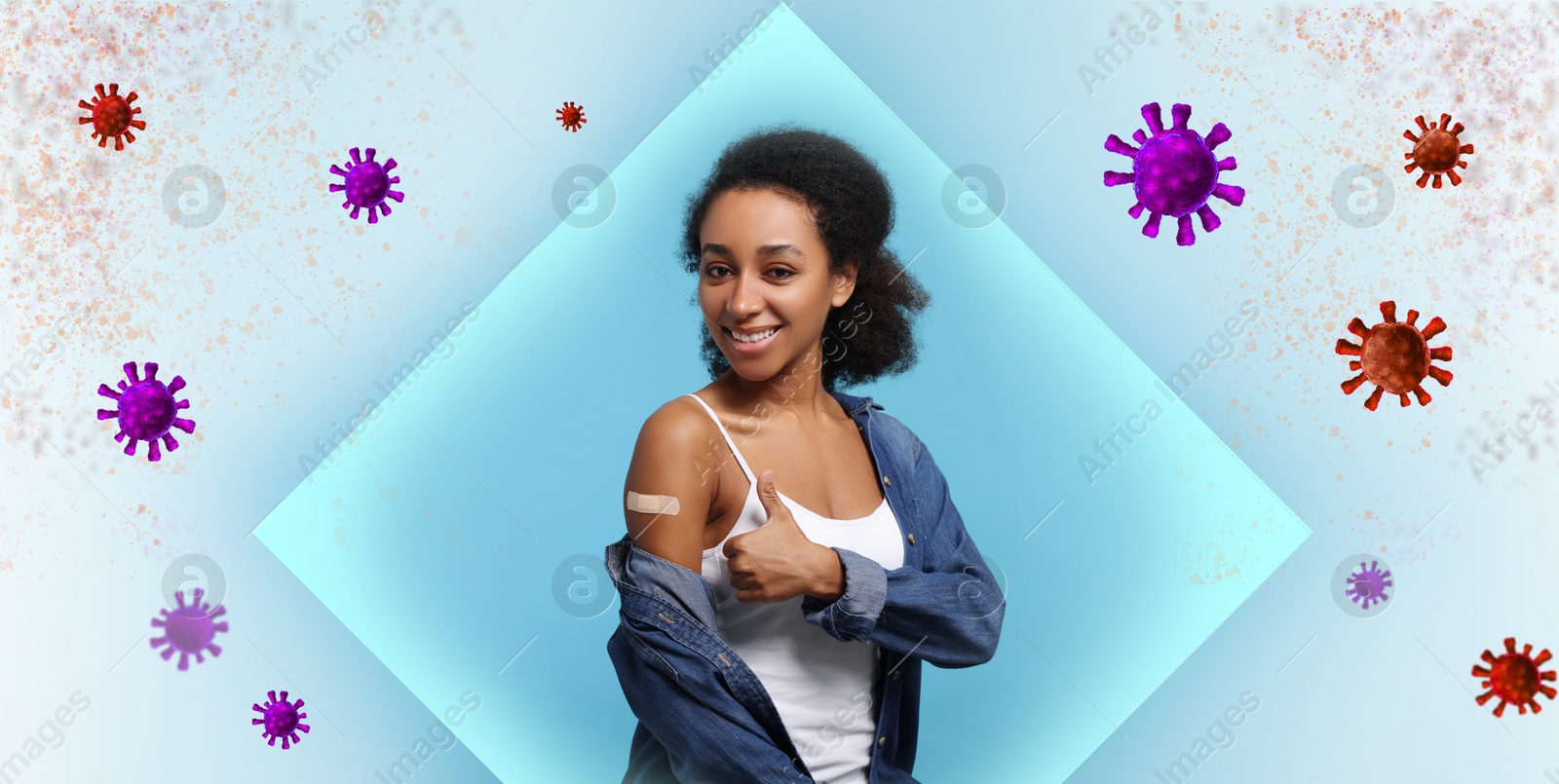 Image of Woman with strong immunity due to vaccination surrounded by viruses on white background, banner design