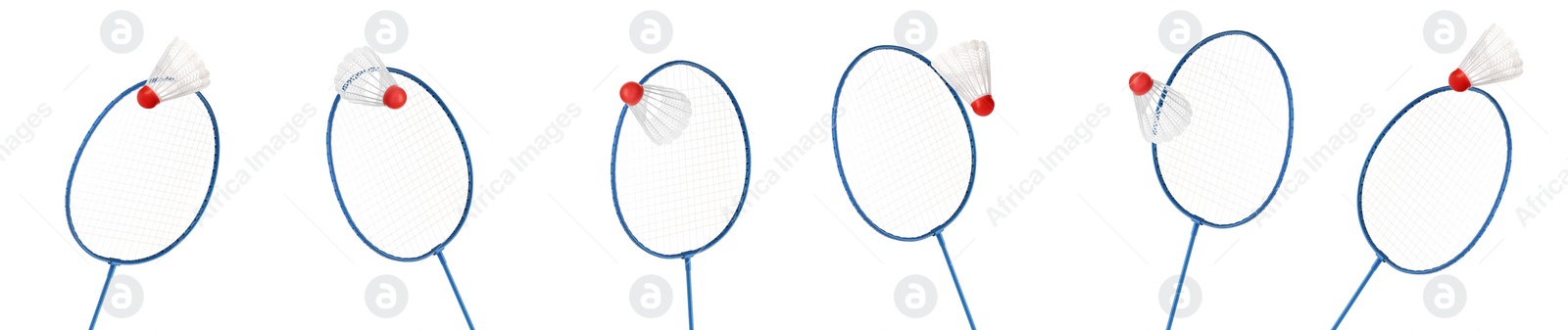 Image of Set with badminton rackets and shuttlecocks on white background. Banner design