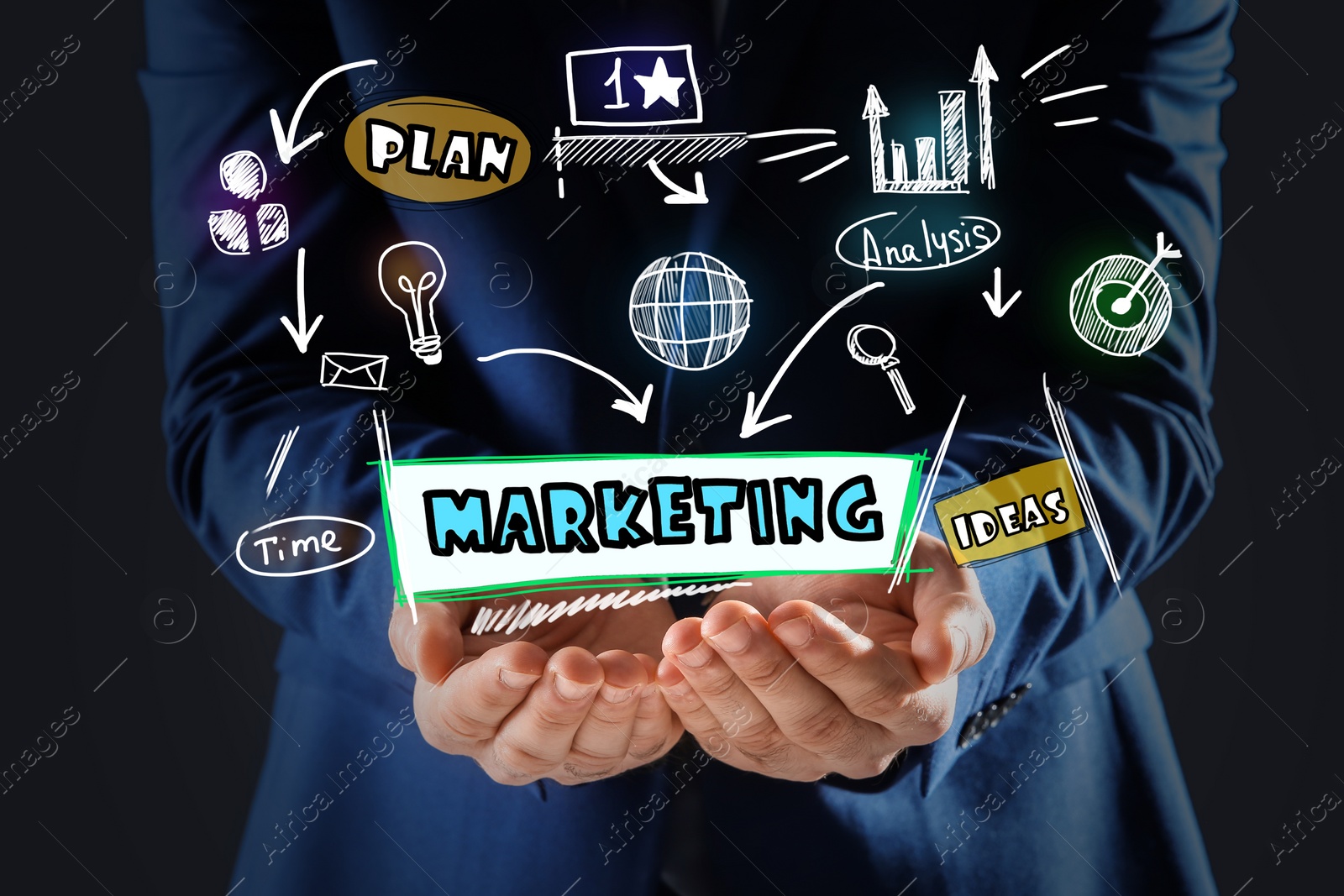 Image of Businessman demonstrating marketing plan scheme on dark background, closeup