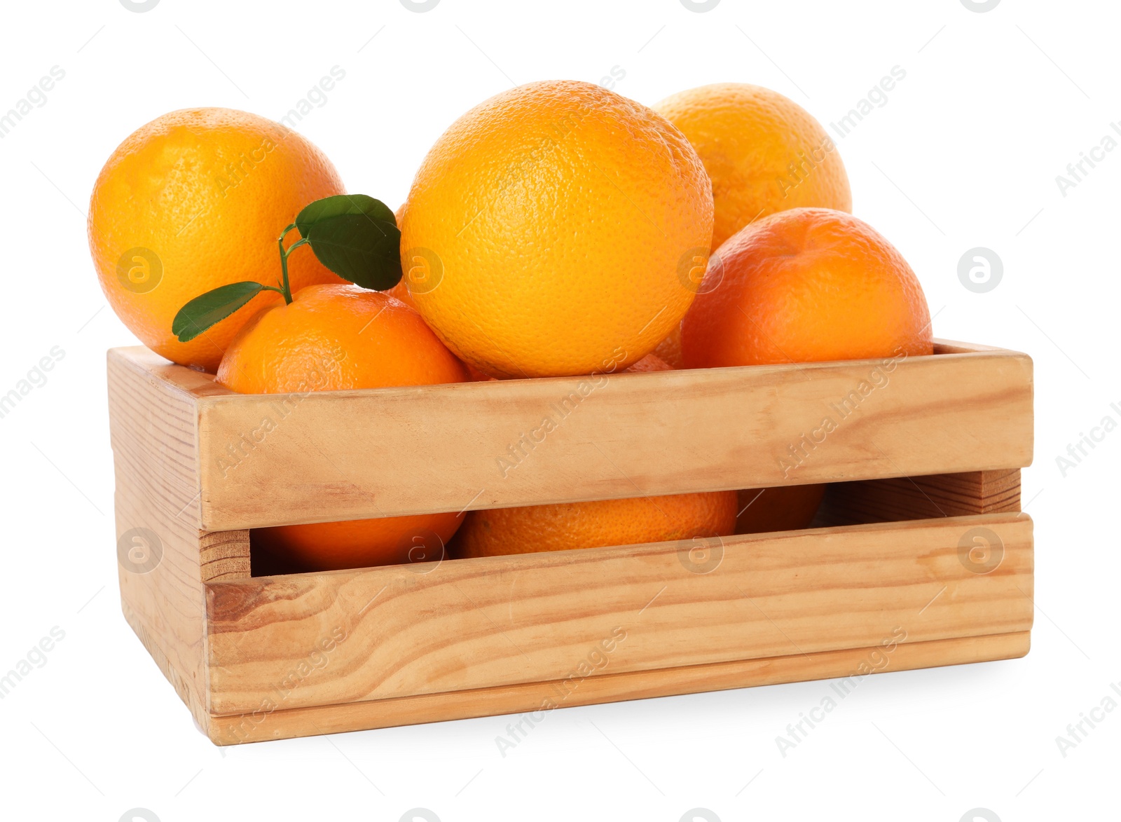 Photo of Fresh oranges in wooden crate isolated on white