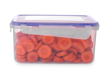 Photo of Plastic container with fresh cut carrot isolated on white