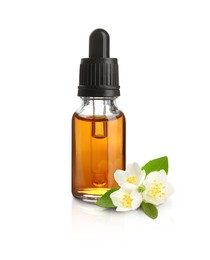 Image of Bottle of jasmine essential oil and flowers on white background