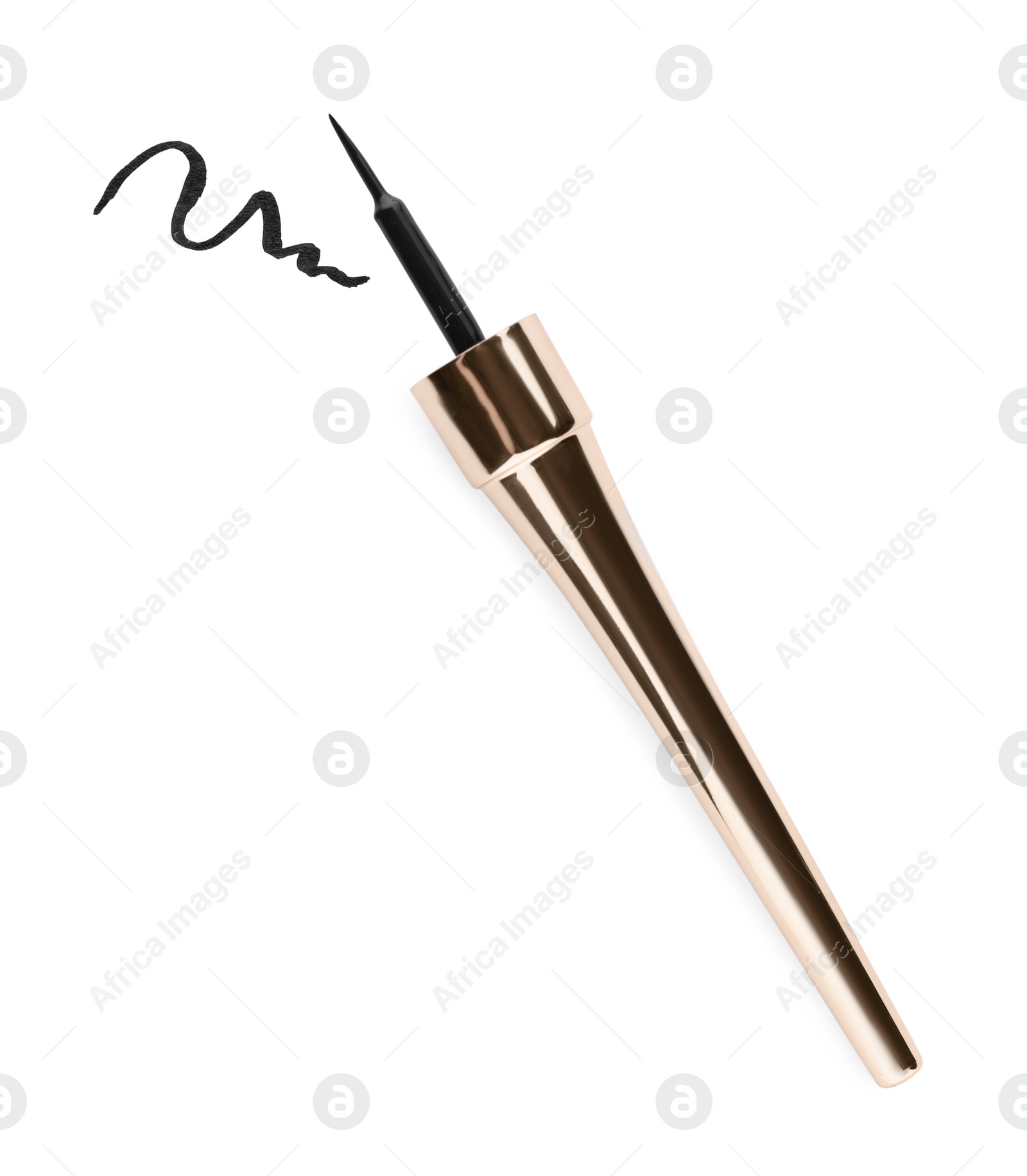 Photo of Black eyeliner and stroke on white background, top view. Makeup product