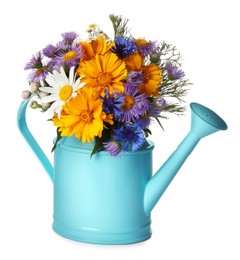 Photo of Light blue watering can with beautiful flowers isolated on white