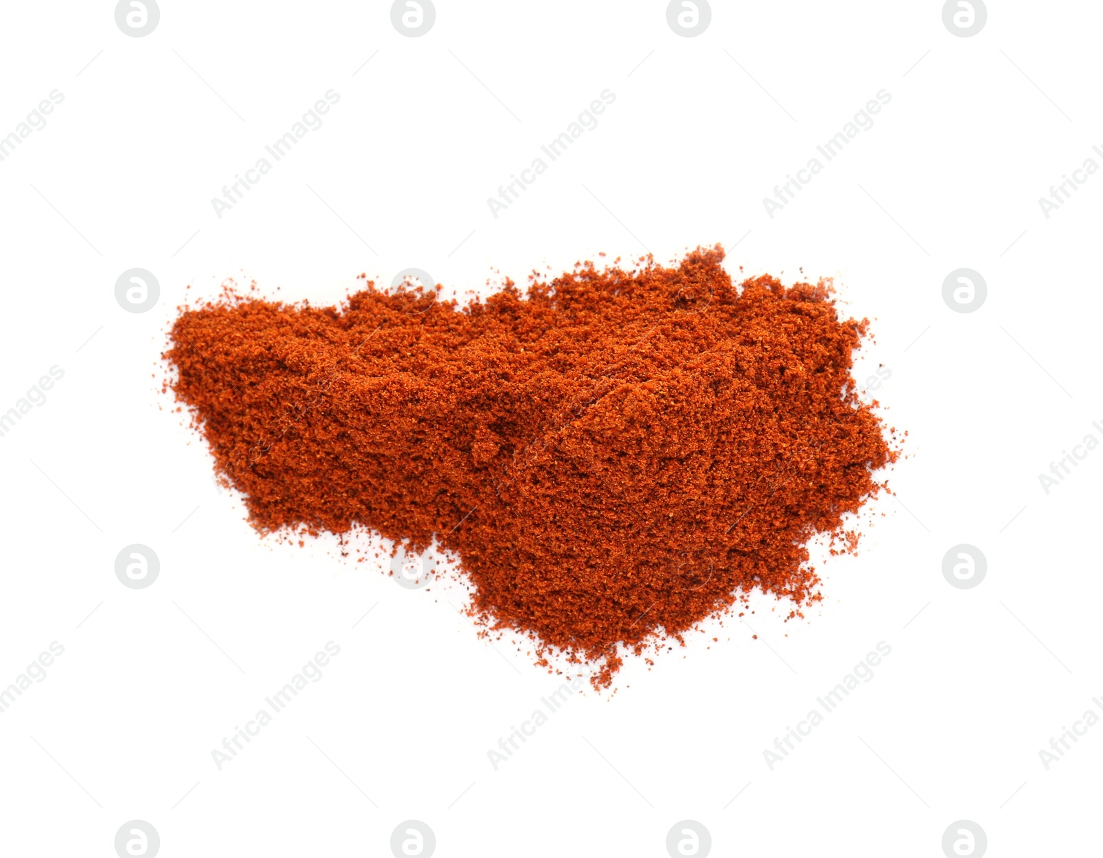 Photo of Heap of aromatic paprika powder isolated on white, top view