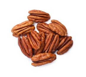 Photo of Tasty pecan nuts isolated on white, top view