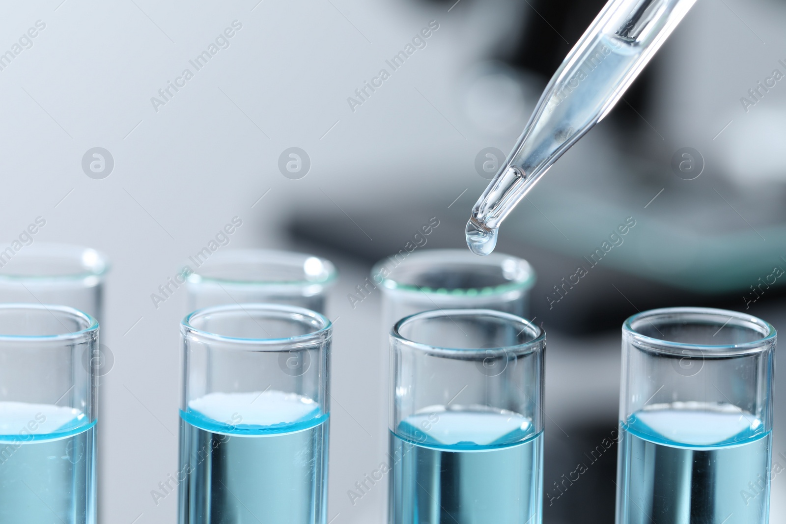 Photo of Dripping liquid from pipette into test tube on blurred background, closeup