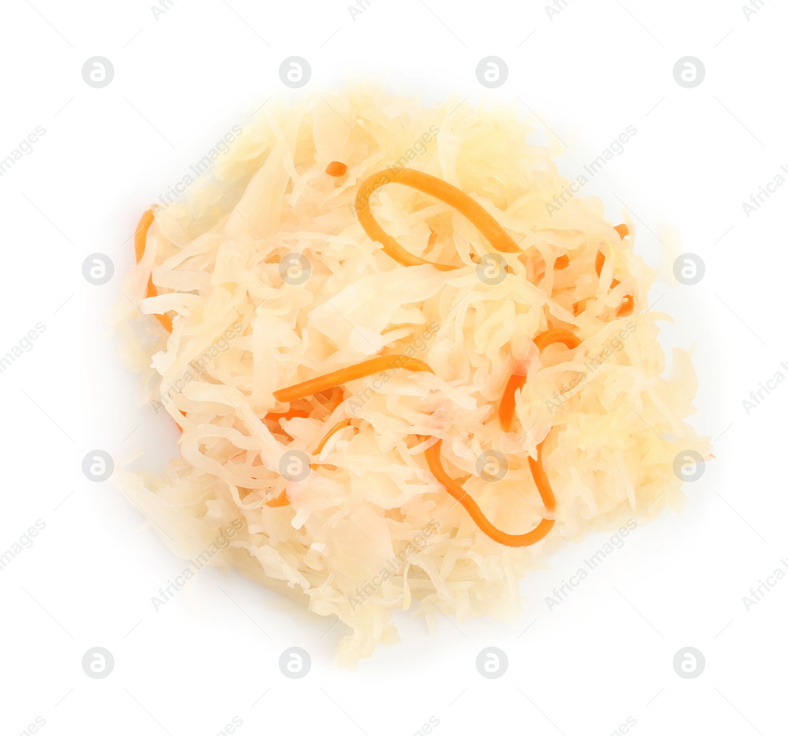 Photo of Tasty sauerkraut with carrot on white background, top view