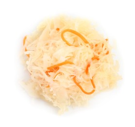 Photo of Tasty sauerkraut with carrot on white background, top view