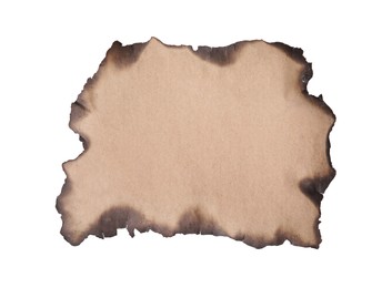 Piece of brown paper with dark burnt borders on white background, top view. Space for text