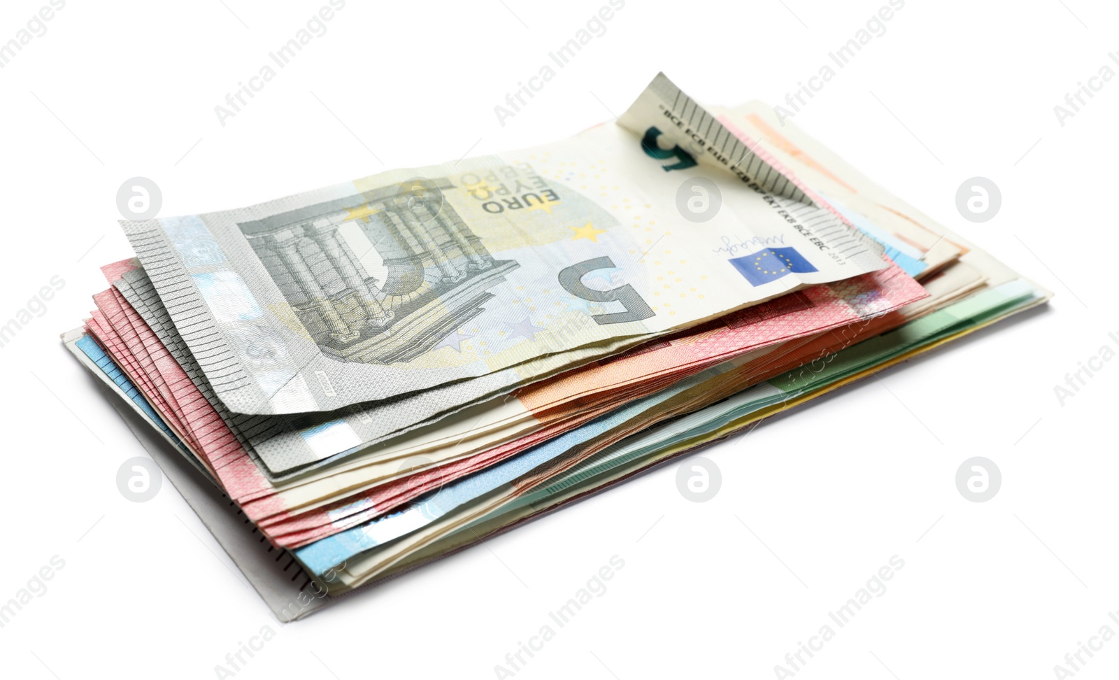 Image of Pile of different Euro banknotes on white background