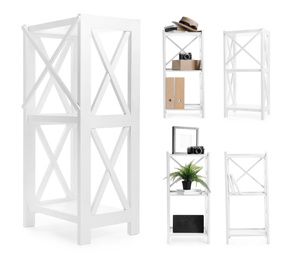 Image of Set with wooden shelving units and different items on white background