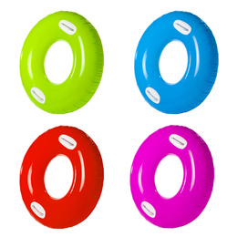 Image of Set with bright inflatable rings on white background
