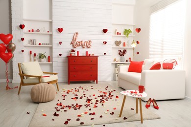 Photo of Cozy living room decorated for Valentine's Day