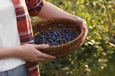 Photo of Woman with wicker basket of fresh blueberries outdoors, closeup. Seasonal berries
