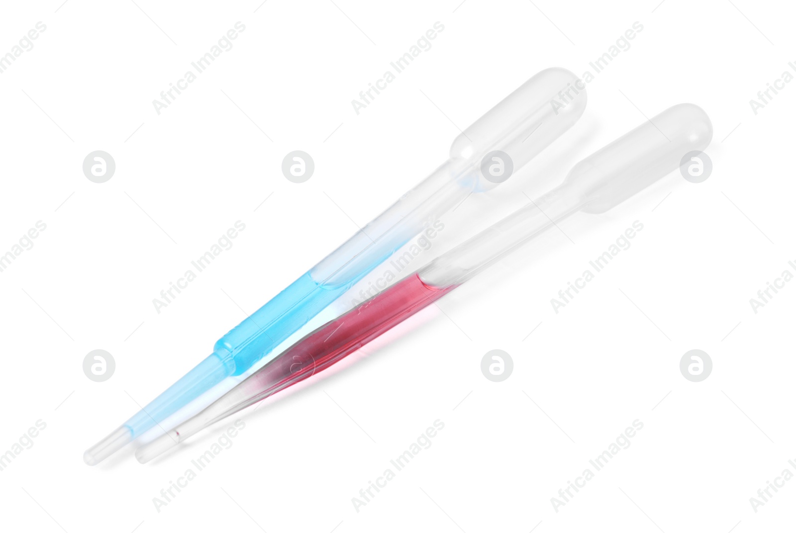 Photo of Two transfer pipettes with liquid isolated on white