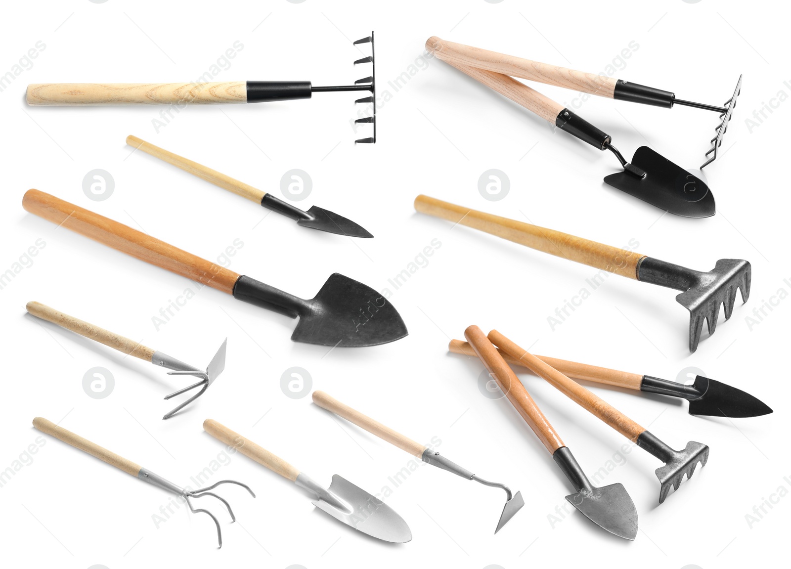 Image of Set of different gardening tools on white background