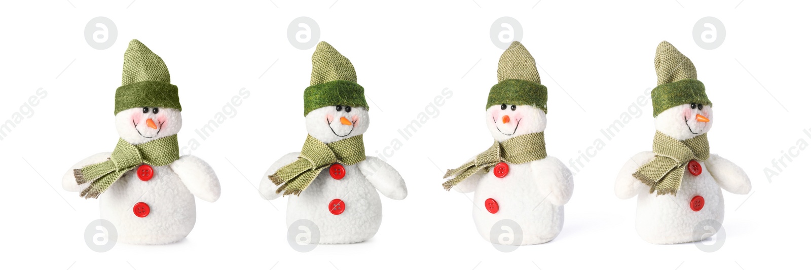 Image of Set with cute small snowman toys on white background. Banner design